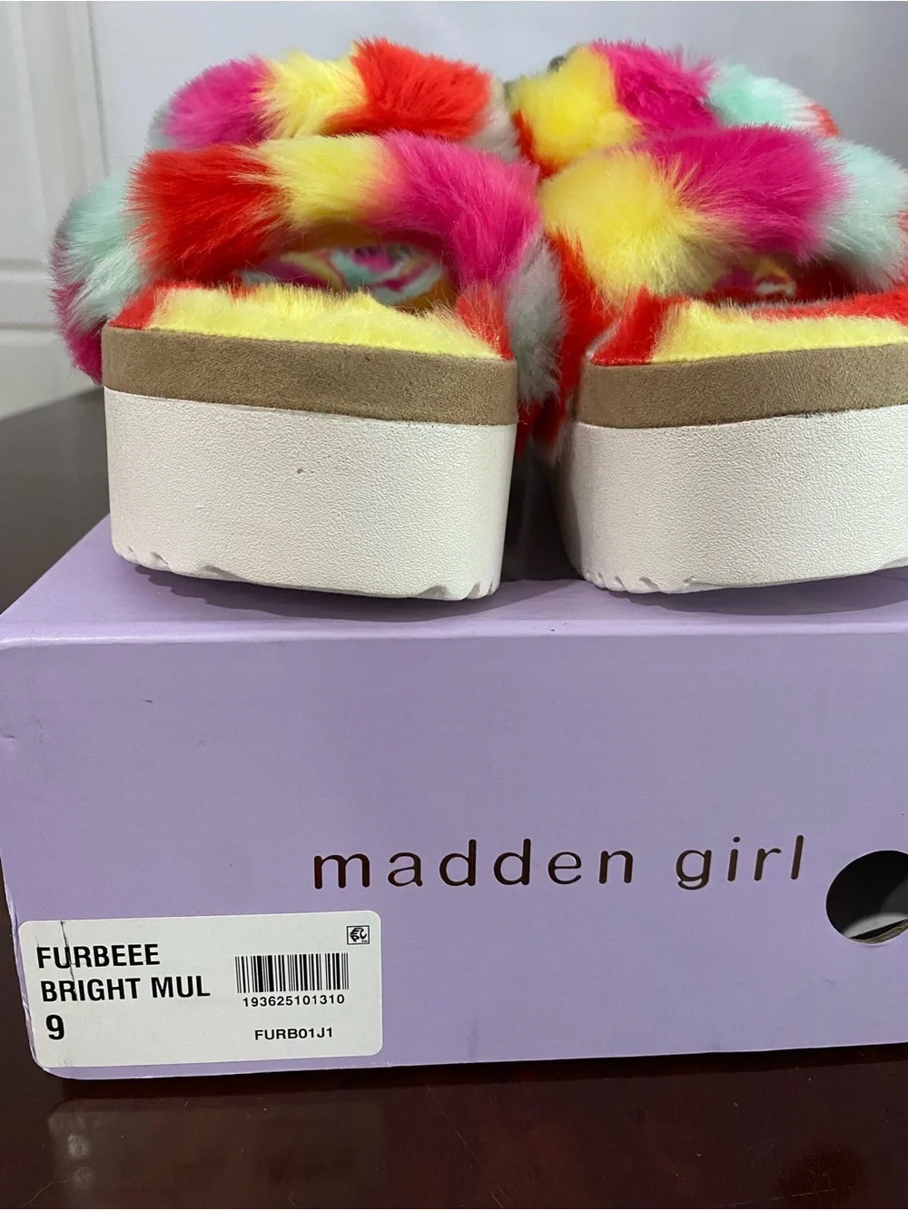 Madden Girl Multicolor Faux Fur Platform Slide Sandals